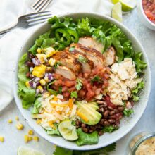 overhead image of bowl of chicken taco salad