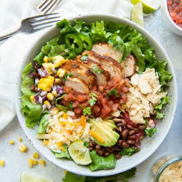 overhead image of bowl of chicken taco salad