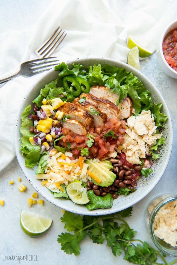overhead image of bowl of chicken taco salad