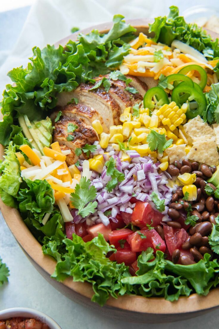 close up image of chicken taco salad