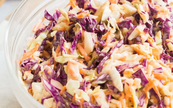 easy homemade coleslaw in glass bowl