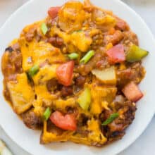 cheeseburger casserole on white plate