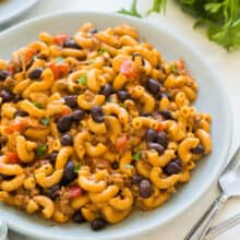 instant pot chili mac on blue plate