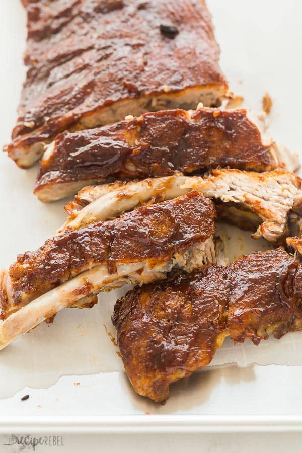 instant pot ribs close up cut into pieces with bbq sauce