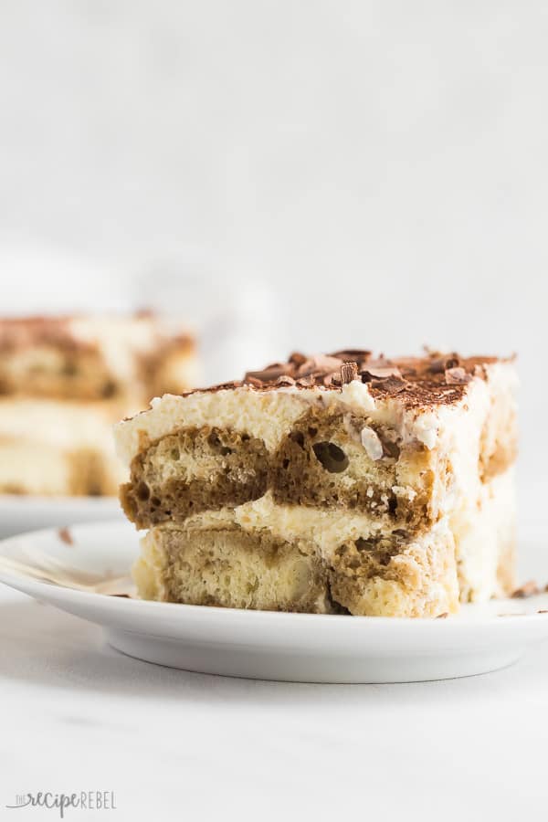 tiramisu slice close up on white plate with white background