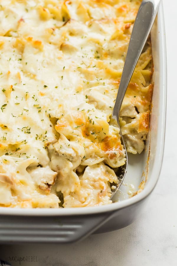 chicken alfredo bake close up on metal spoon in grey and white baking dish