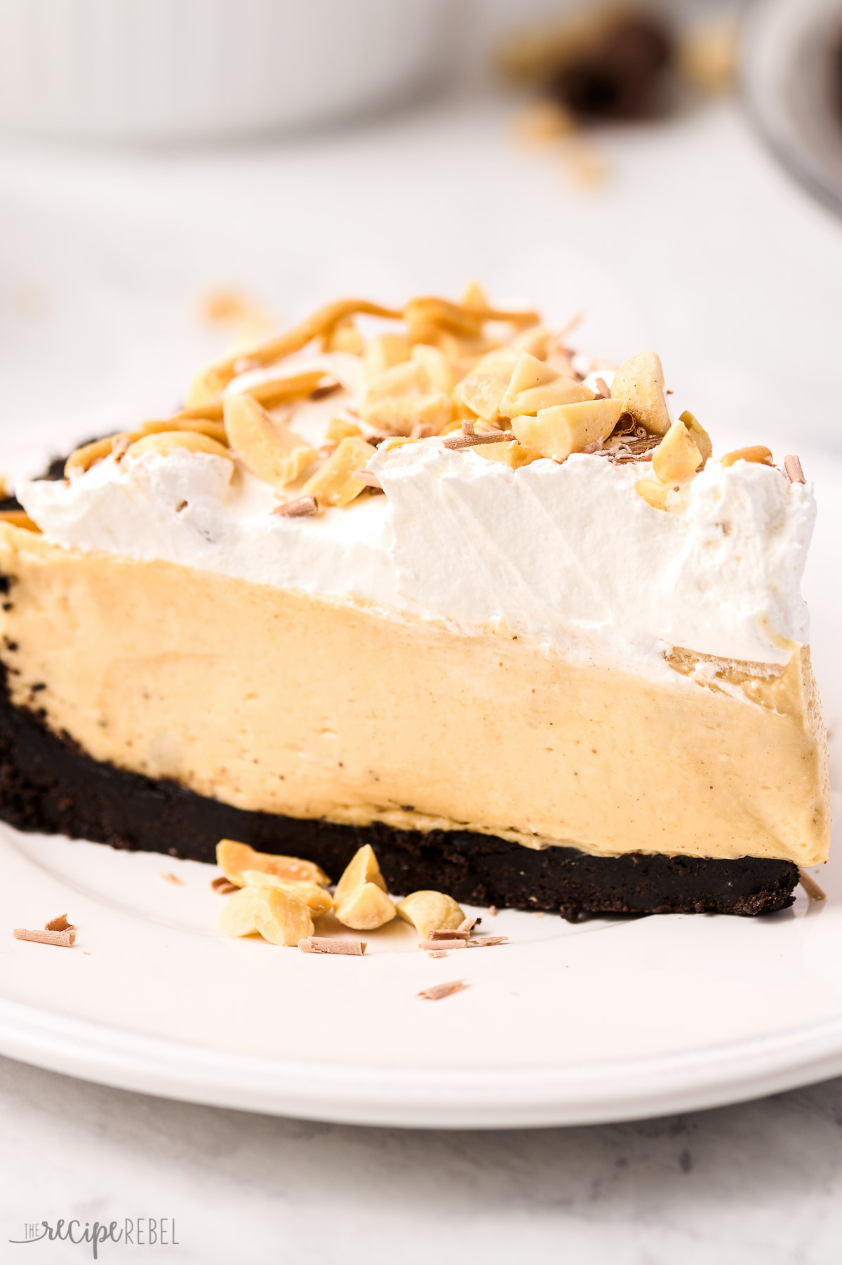 close up image of slice of peanut butter pie on plate