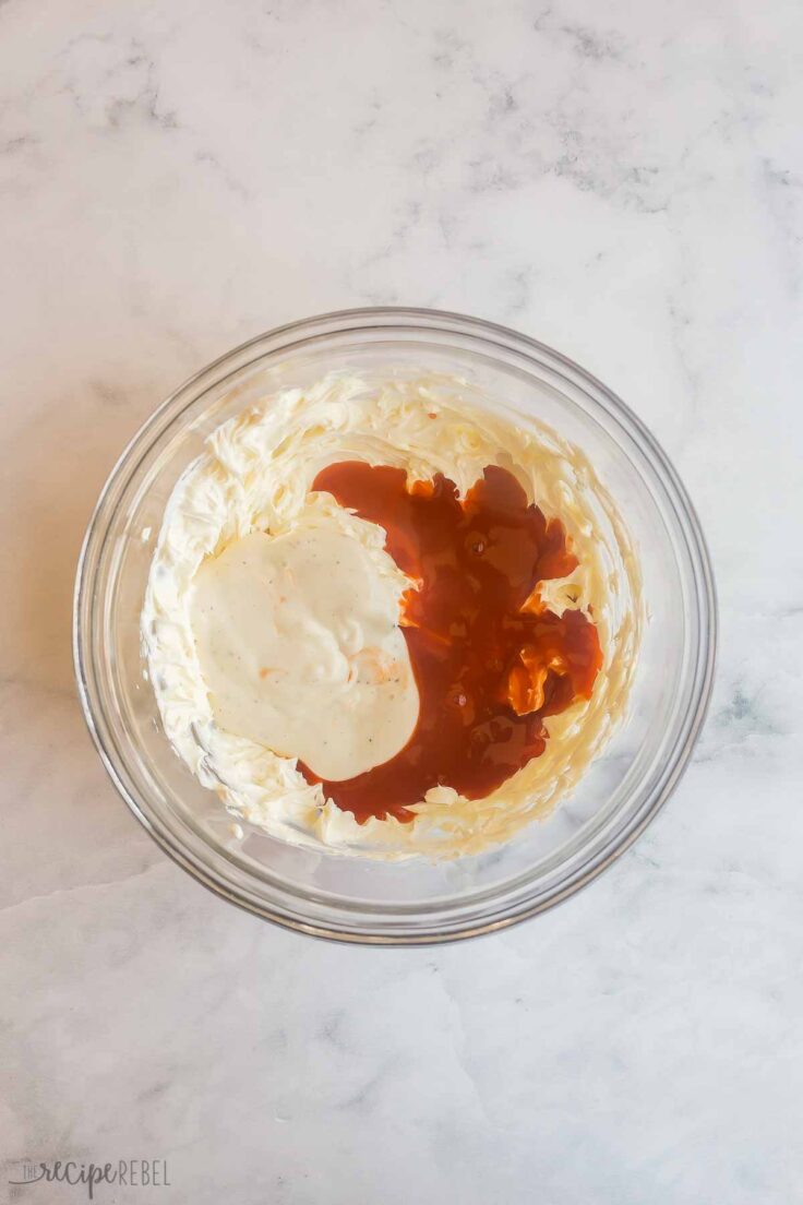 combine cream cheese ranch dressing and buffalo sauce