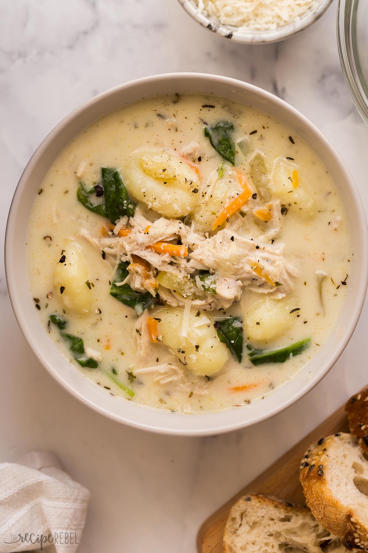 overhead image of bowl of chicken gnocchi soup