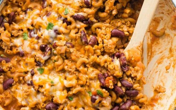 turkey chili mac and cheese overhead