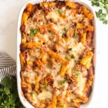 baked ziti with italian sausage in casserole dish