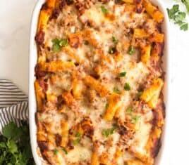 baked ziti with italian sausage in casserole dish