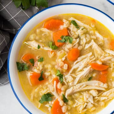 chicken barley soup close up