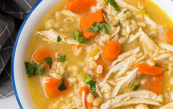 chicken barley soup close up