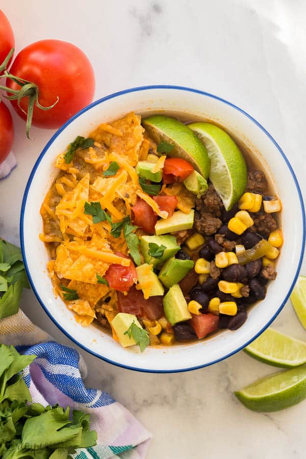 taco soup with toppings