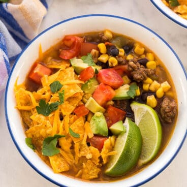 taco soup in white bowl