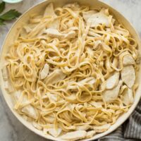 overhead image of pan of chicken fettuccine alfredo