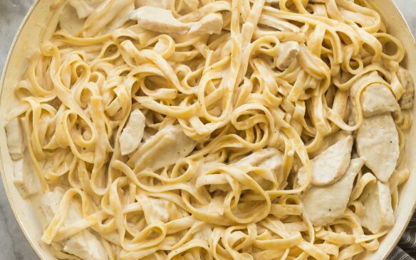 overhead image of pan of chicken fettuccine alfredo