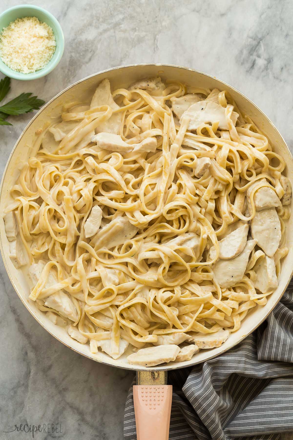 overhead image of pan of chicken fettuccine alfredo