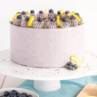 Frosted and decorated lemon blueberry cake on a cake stand.