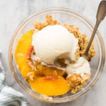 peach crisp in bowl overhead