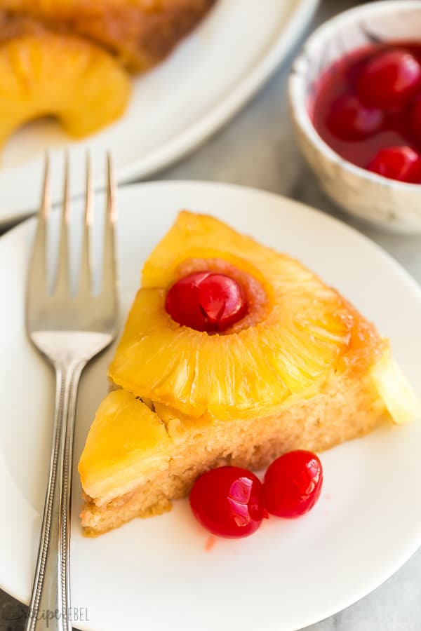 pineapple upside down cake on white plate