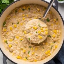 overhead image of white chicken chili with metal ladle scooping.