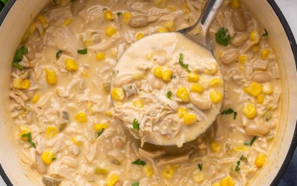 overhead image of white chicken chili with metal ladle scooping.