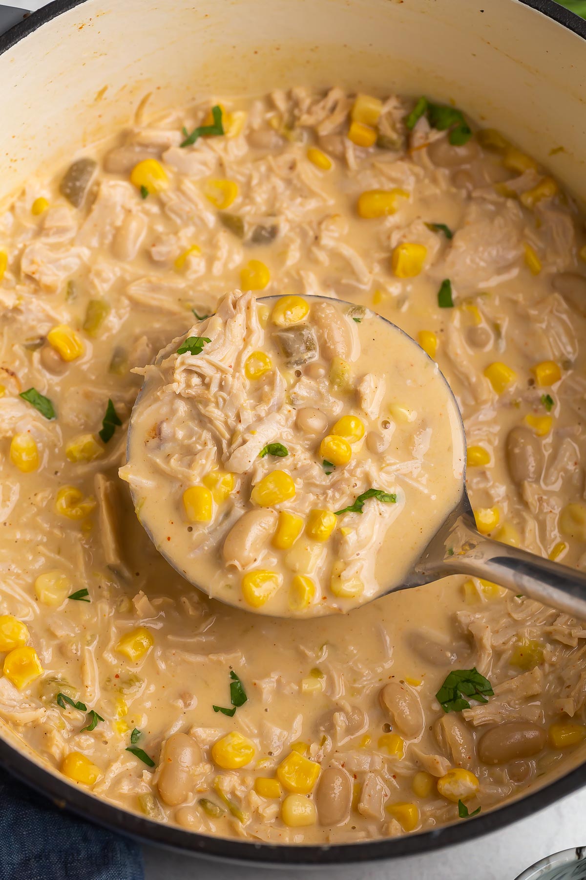 close up image of metal ladle scooping white chicken chili from pot.