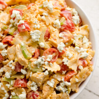 A bowl of Buffalo chicken pasta salad.