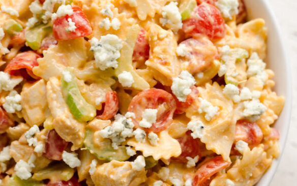 A bowl of Buffalo chicken pasta salad.