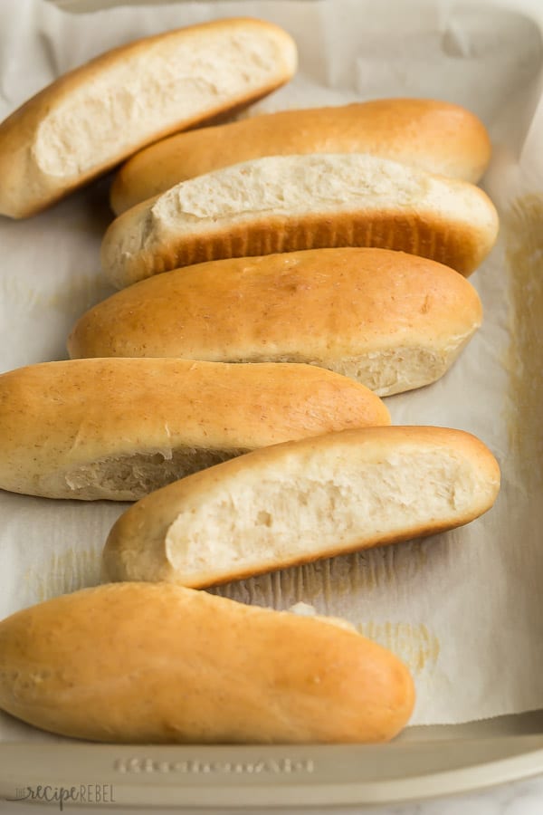 hot dog buns split on pan