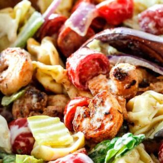Close up of spicy shrimp and veggies in a Po'boy pasta salad.
