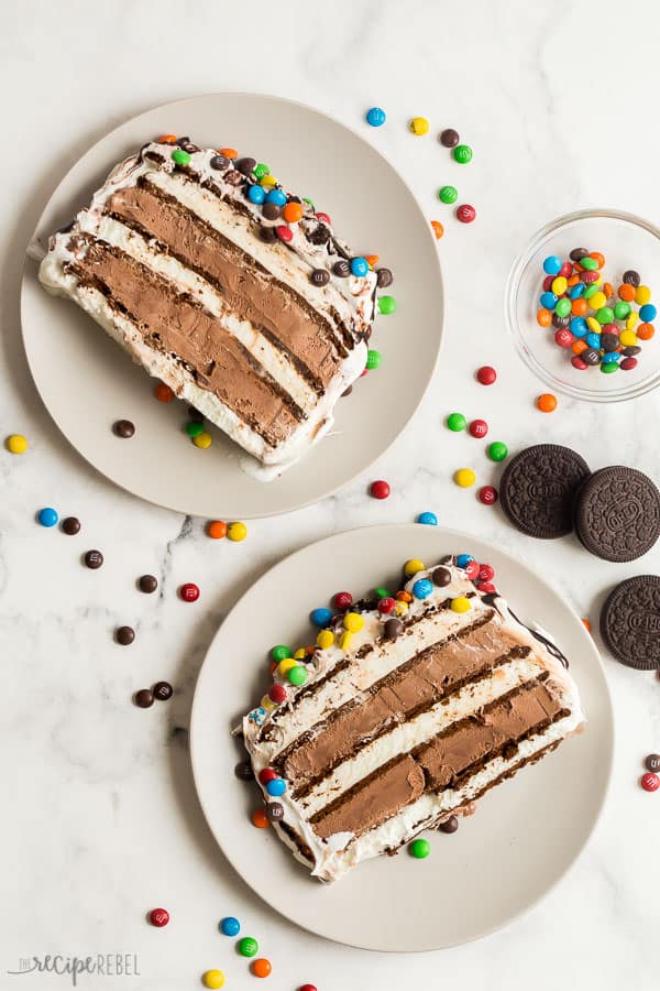 ice cream sandwich cake slices on white plates