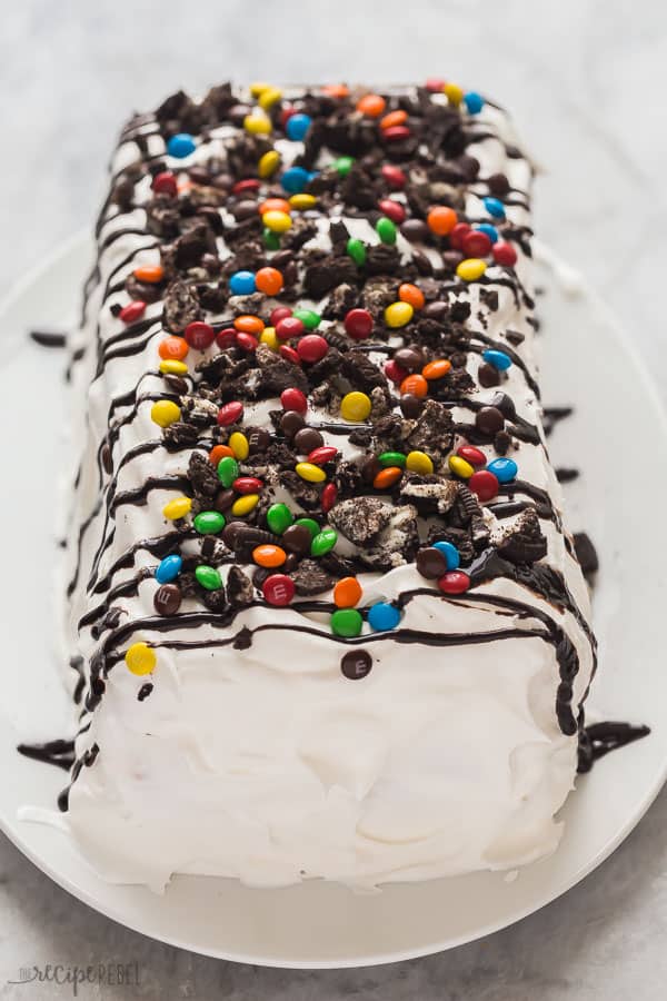 ice cream sandwich cake whole on white plate