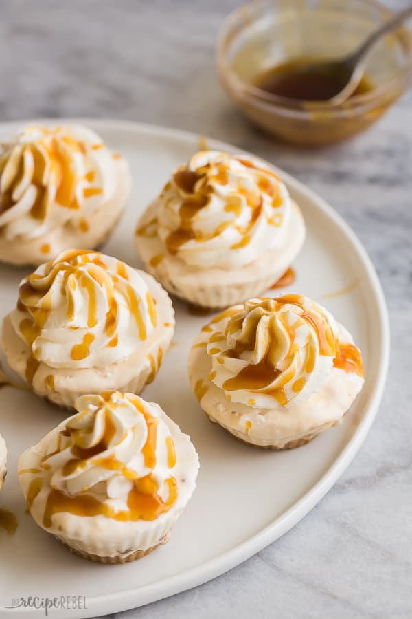 ice cream cupcakes with caramel sauce on a white plate