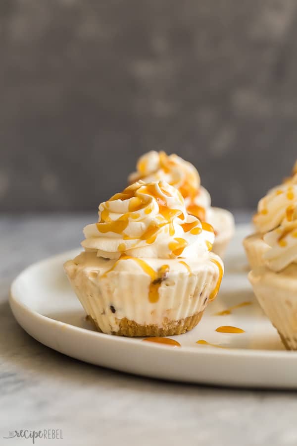 caramel praline ice cream cupcakes up close with grey background