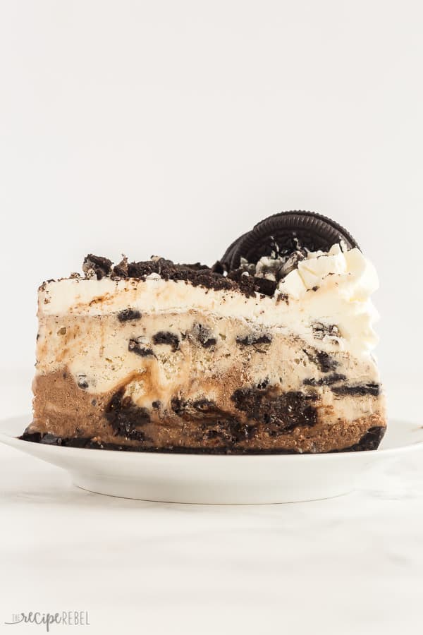 oreo ice cream cake slice on white plate with white background