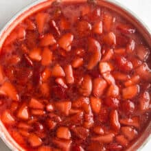 fresh strawberry sauce overhead in white pan