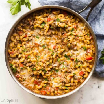 square image of homemade hamburger helper recipe in stainless steel skillet.