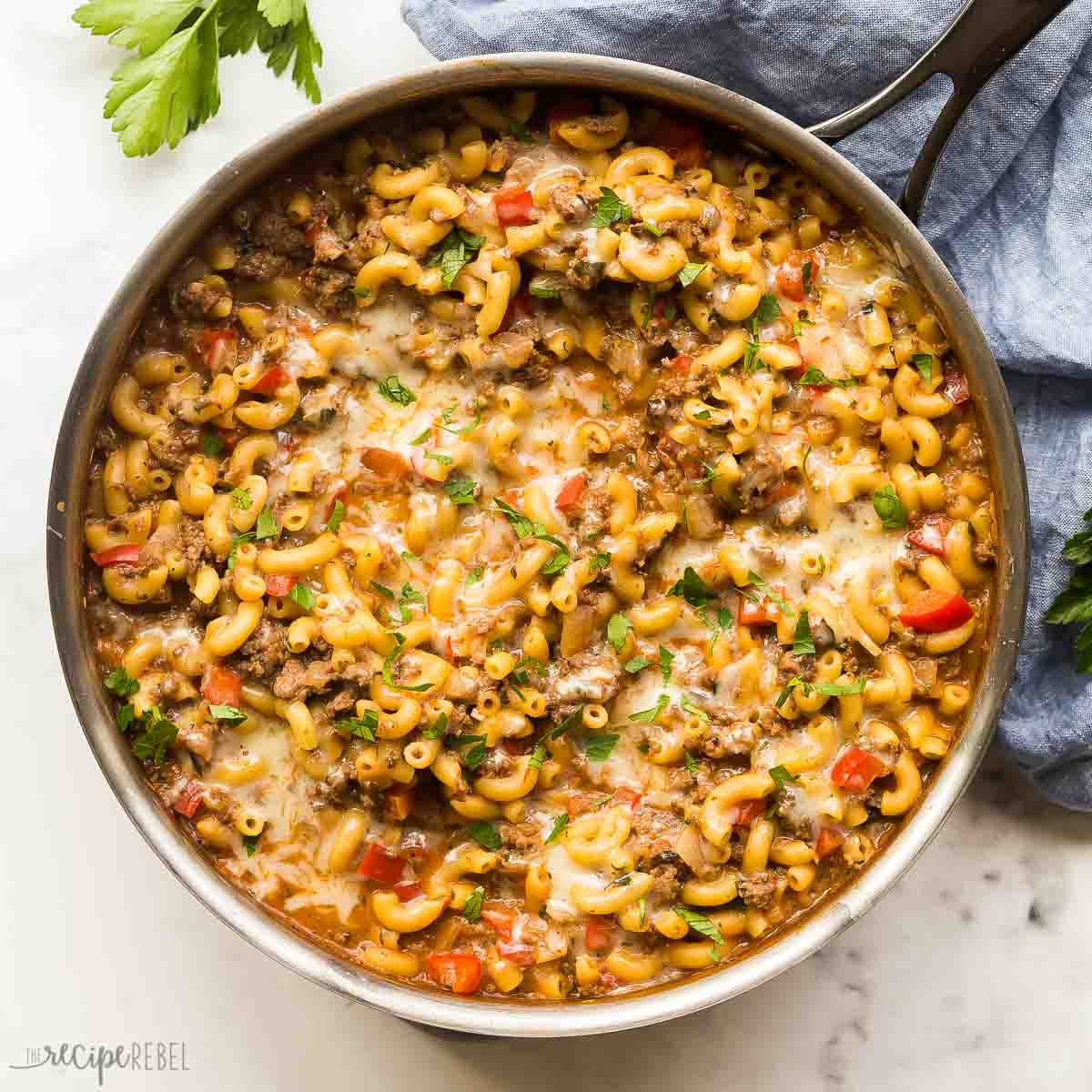 square image of homemade hamburger helper recipe in stainless steel skillet.