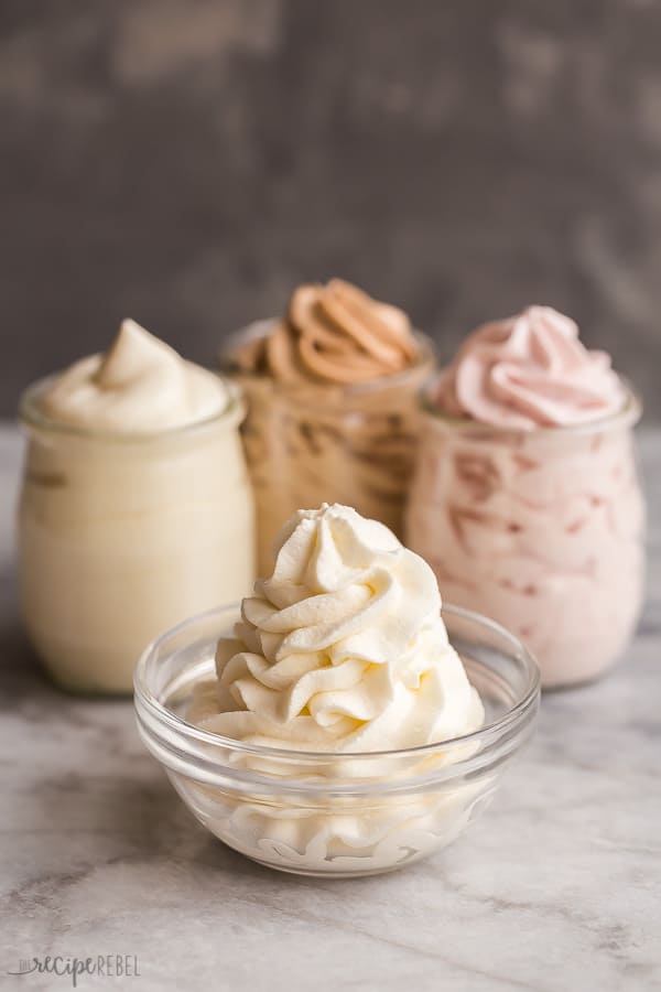 whipped cream 3 flavors in clear glass jars on grey background
