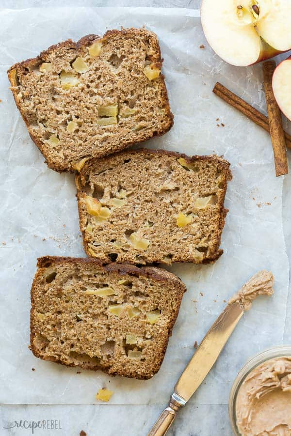 overhead image of three slices of apple bread on parchment paper