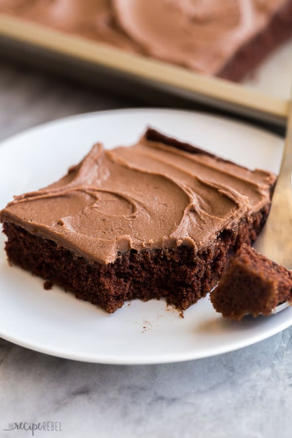 piece of chocolate cake on white plate with bite missing