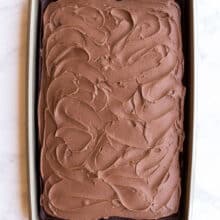 overhead image of chocolate sheet cake in pan with frosting