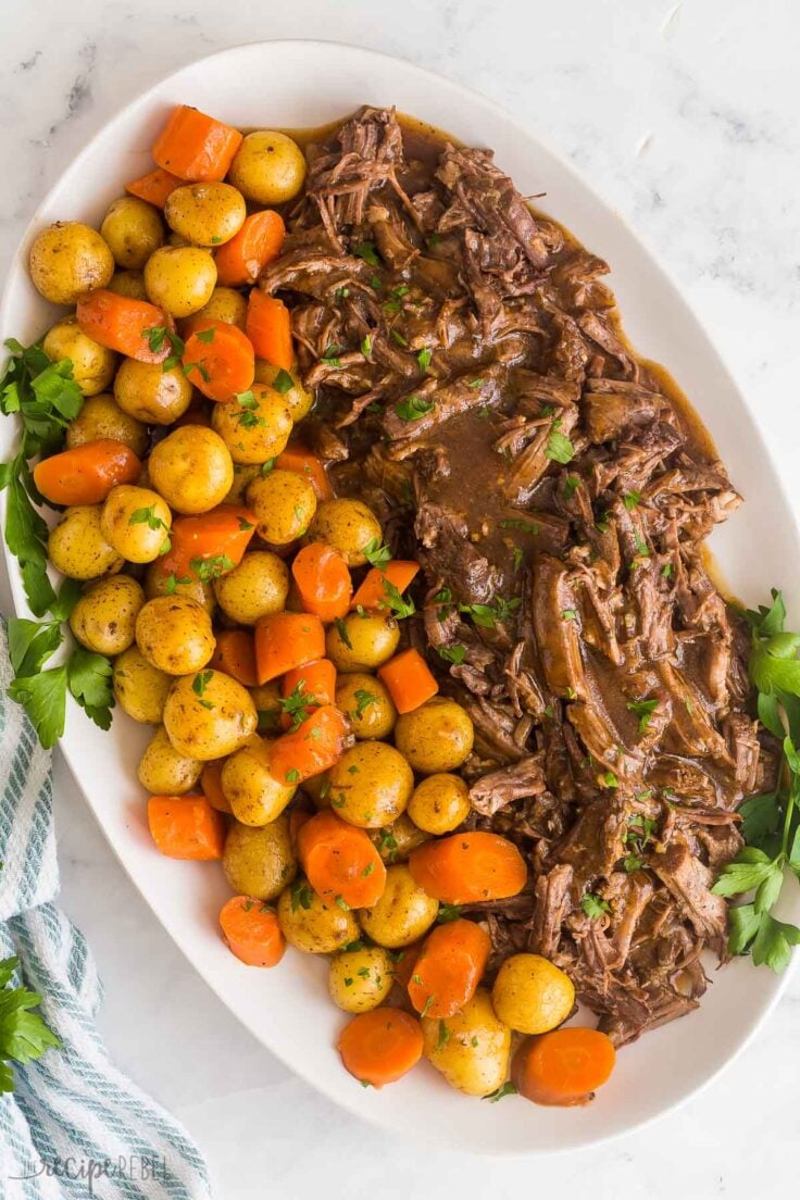 overhead image of instant pot roast with potatoes and carrots