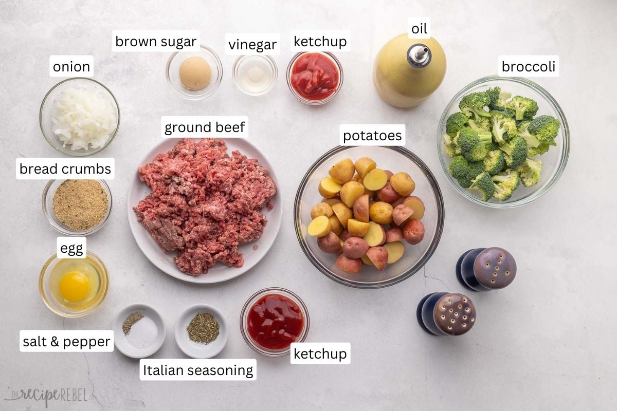 ingredients needed for sheet pan mini meatloaf and potatoes.
