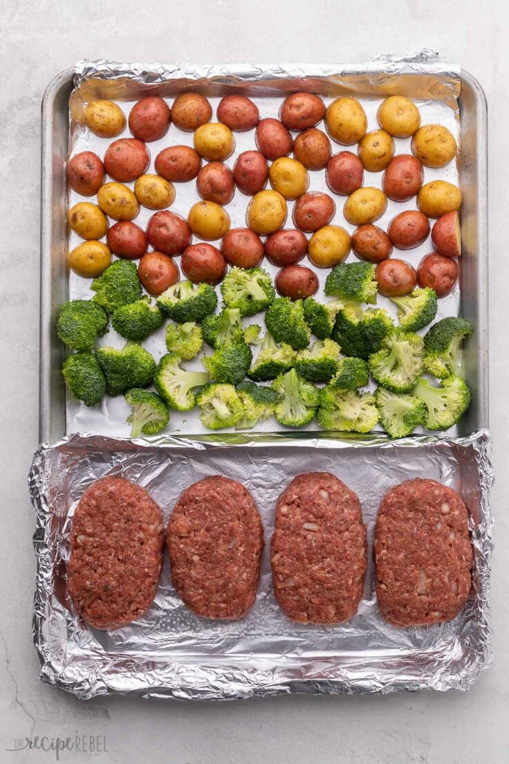 meatloaf and vegetables on a sheet pan lined with foil.