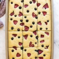 overhead image of pan of pancakes cut into twelve squares