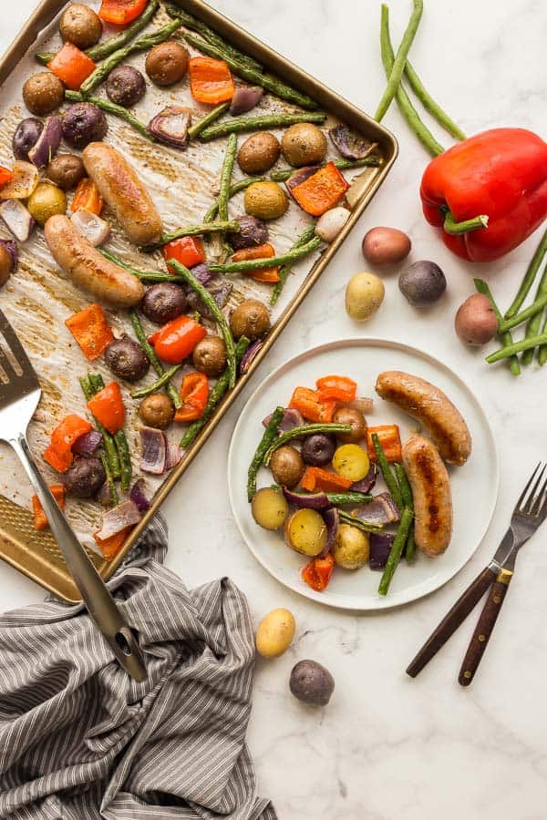 overhead image of sheet pan and plated meal with potatoes pepper and green beans